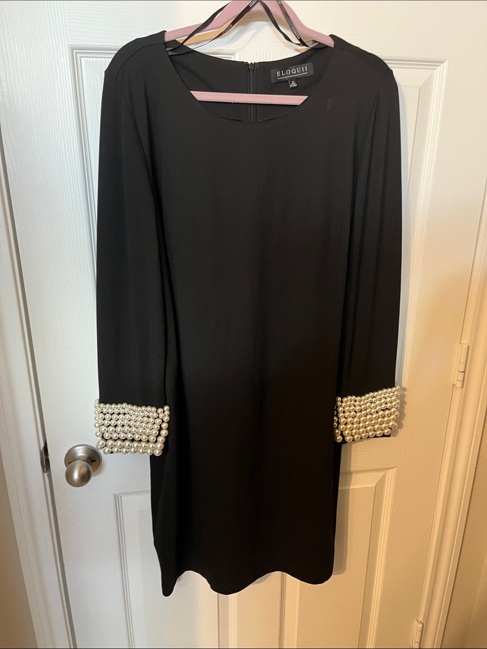 Eloquii Black Long-Sleeve Shift Dress with Pearl Cuff Trim
